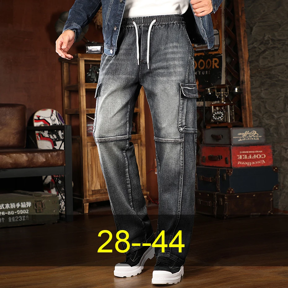 

44 Plus Size Denim Pants Men Stretch Waist Jeans Moto Biker Vintage Jeans Fashion Casual Straight Jeans Pants Male Big Size
