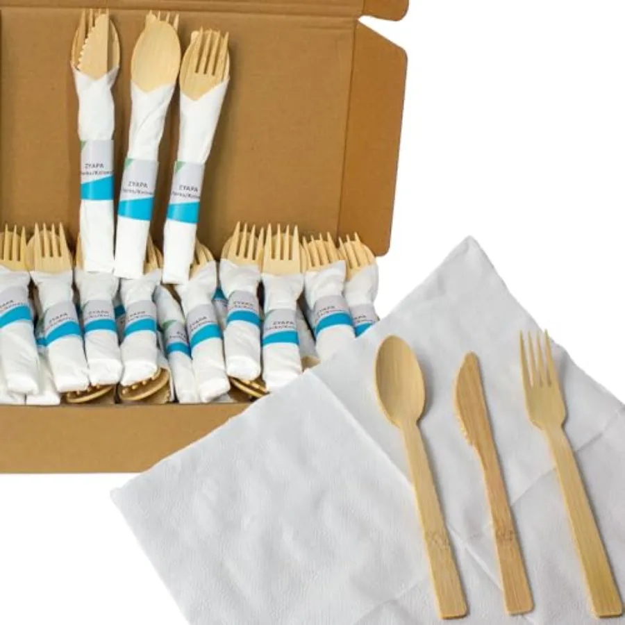 

Disposable Bamboo Cutlery Set with Pre-Rolled Napkins, 30 Pack 90PCS Forks, Knives and Spoons Flatware Pack