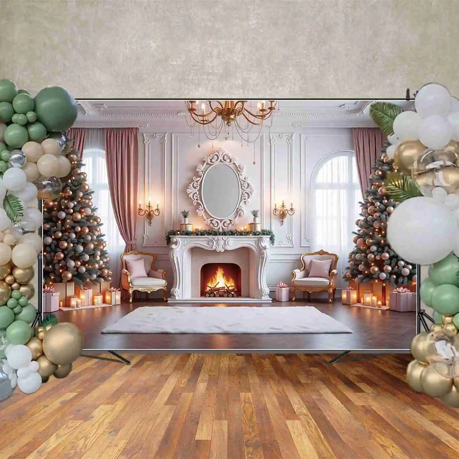 qg luxo grande árvore de natal pano de fundo neve pinho lareira fotografia fundo crianças estúdio photocall suprimentos