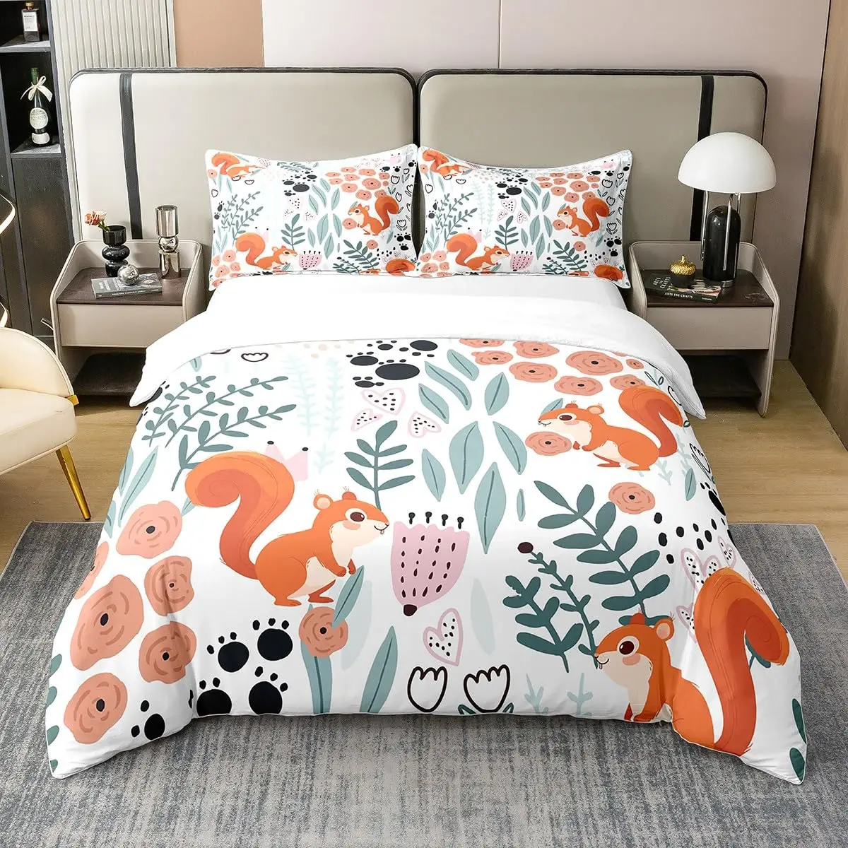 Lovely Squirrel Bedding Set Cartoon Animal Duvet Cover Bedroom Decor Quilt Cover Green Botanical Flower Leaves Comforter Cover