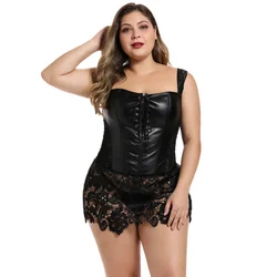 Black Corset Faux Leahter Bustier Dress Zipper back With Straps Push up Overbust Steampunk Lace Skirt Plus Size Lingerie