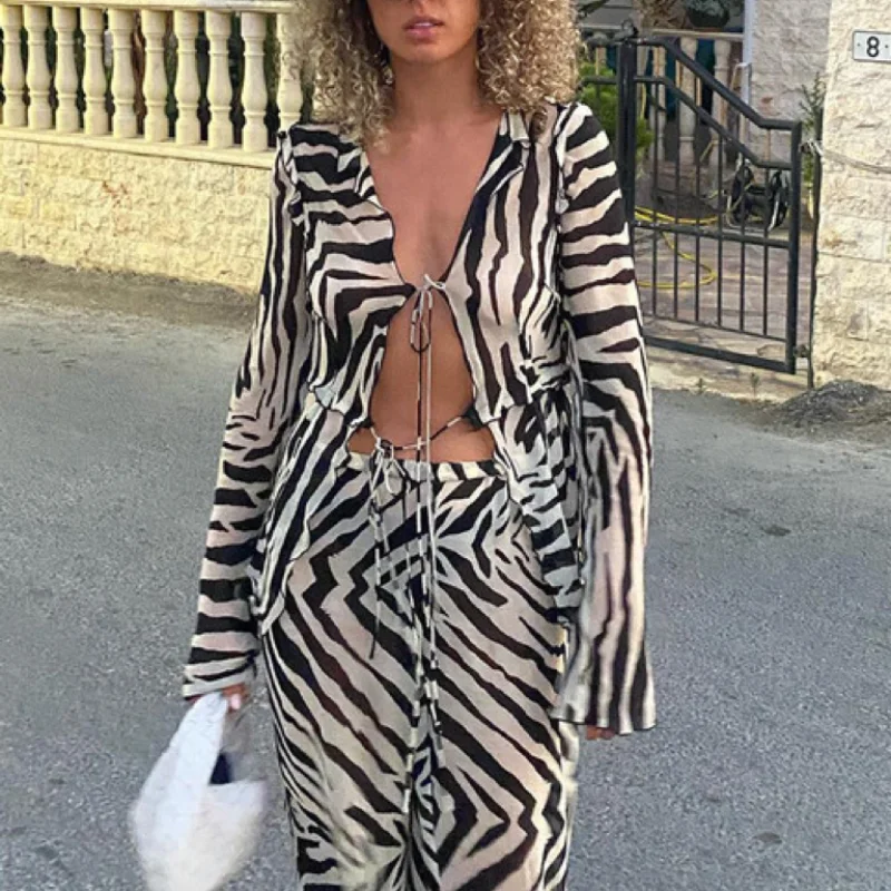 Two Piece Set 2023 European American Women\'s Striped Sexy Strapping Printed Long Sleeved Shirt Top Casual Strapping Pants