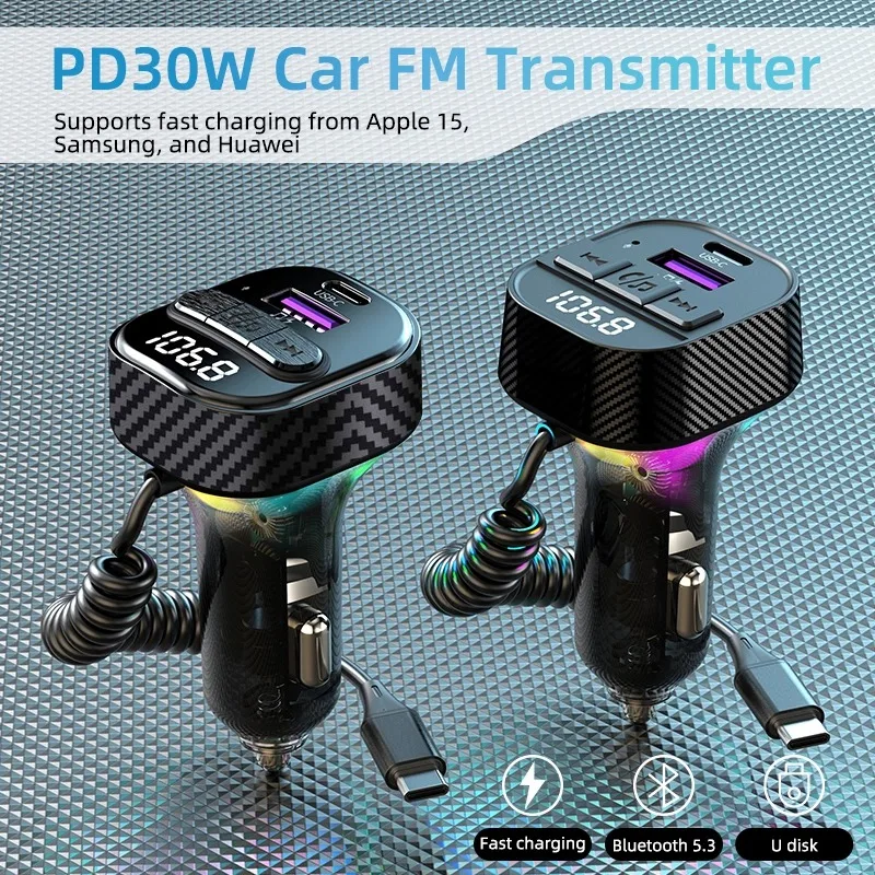 Bluetooth 5.3 FM Transmitter Car kit Handfree Calling USB A Type C PD30W Car Charger Support U disk MP3 Music Player