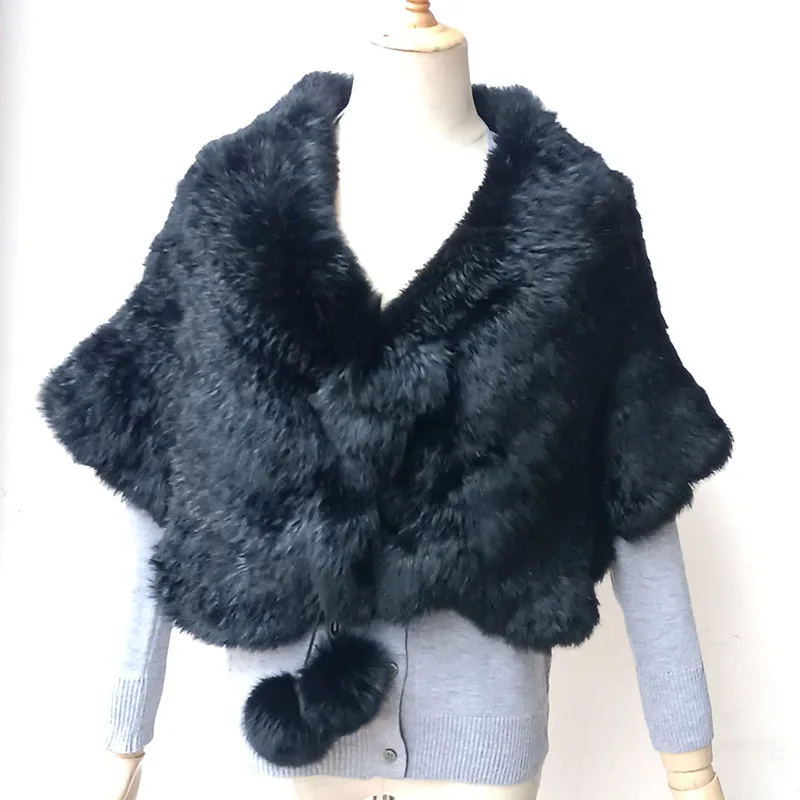 Women Warm Thick Real Rabbit Fur Wrap Shawl With Real Fur Pom pom Fashion Winter Luxury Genuine Fur Cape Female High Quality