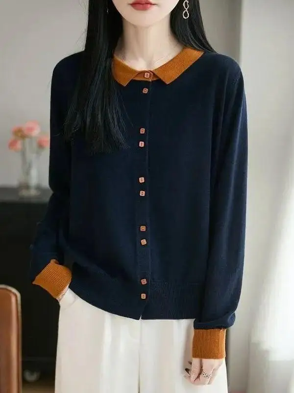 Color Block Knitted Open Cardigan Long Sleeve Loose Fit Base Layer Outerwear Fashionable Autumn Winter Sweater Slimming Effect
