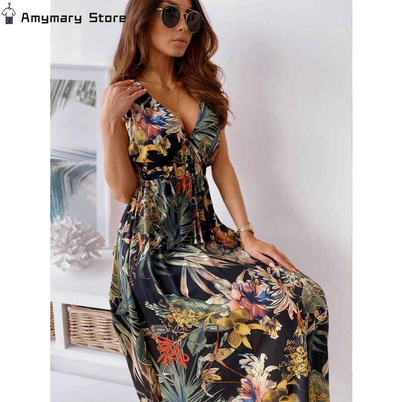 

New Summer Women's Bohemian Floral V-Neck Long Halter Dress Seaside Vacation Beach Party Sexy Backless Halter Dresses S-2XL