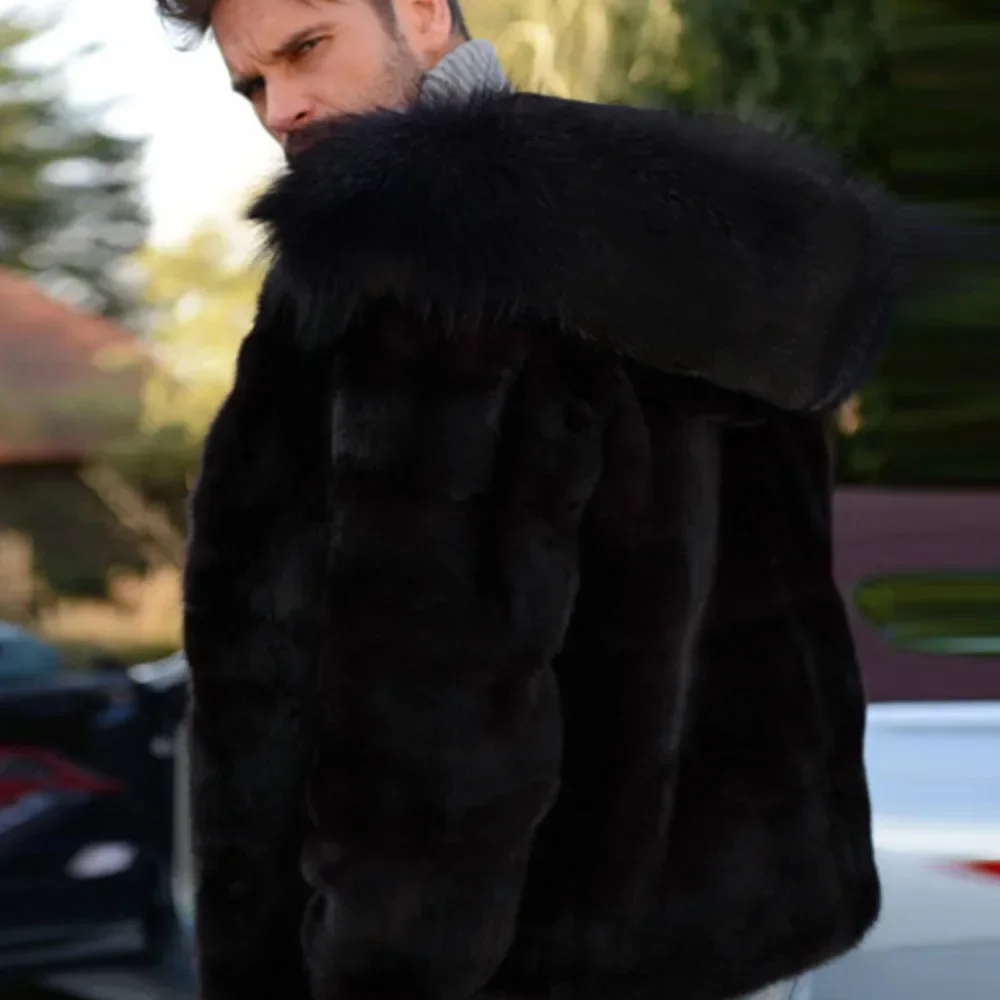 Men\'s Faux Fox Fur Coat Autumn Winter Men Fashion Long Sleeve Warm Hooded Faux Fur Black Casual Men Jackets Cardigan Coat