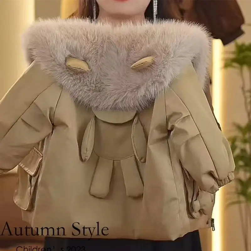 Girls' Winter Clothing With Velvet Coat 2025 New Korean Edition Western Style Children's Wool Collar Hooded Cotton Jacket Parka