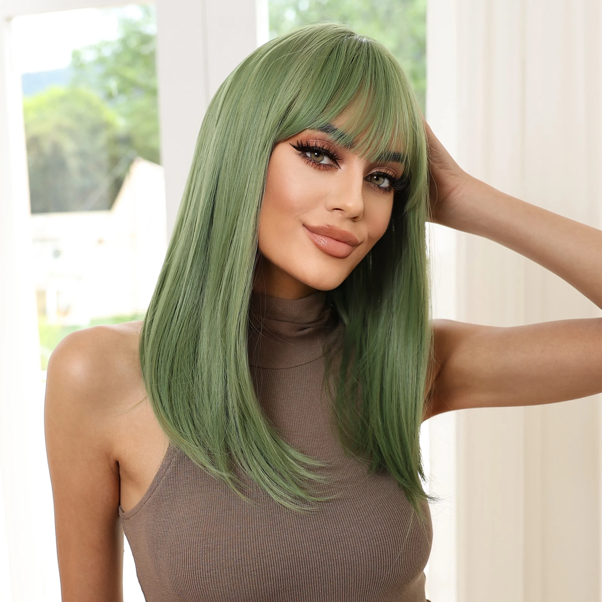 Ambient Sense Of Green Daily Wig Head Set Qi Bangs Long Straight Hair Hair Tail Within The Buckle Internet Celebrity Female Wig