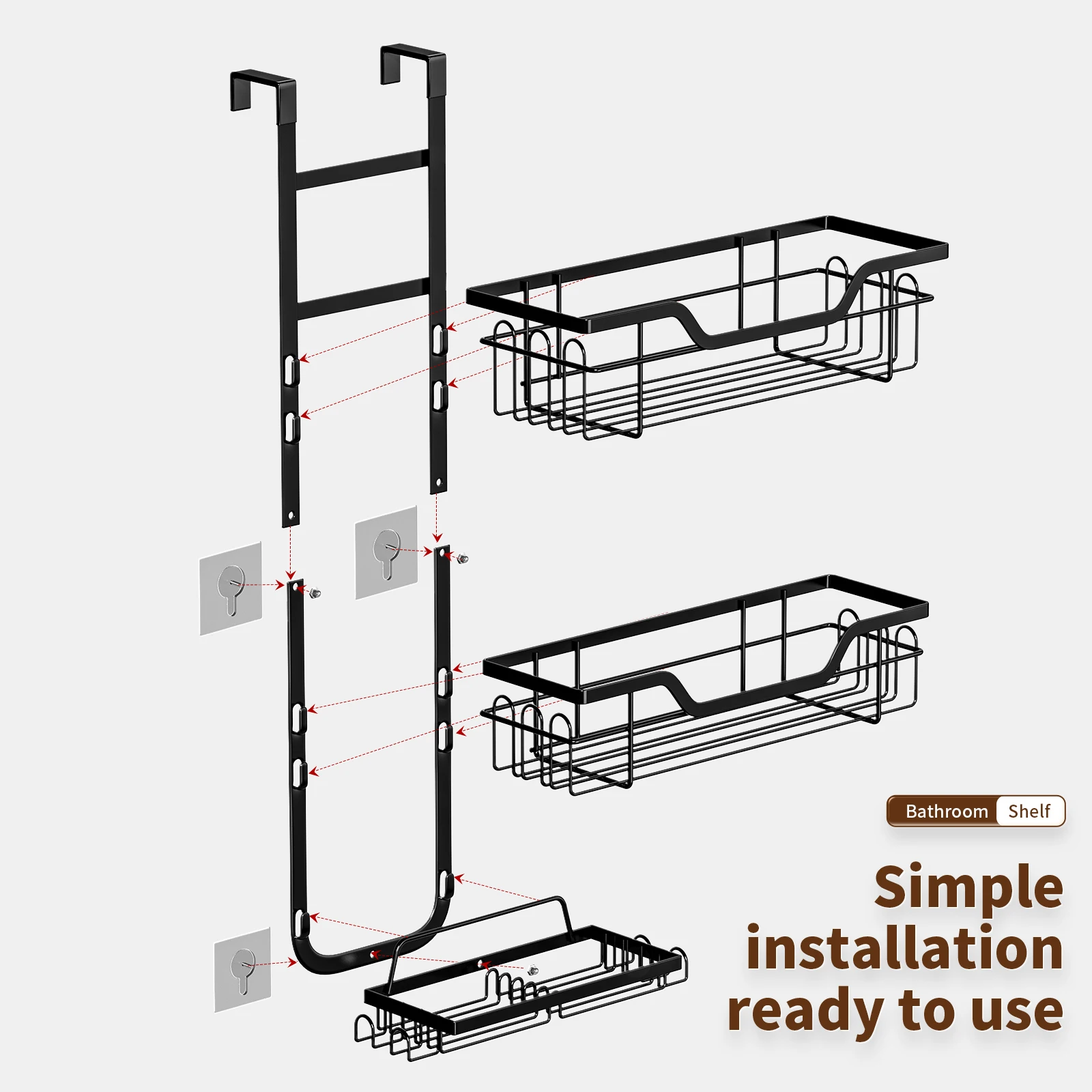 1pc Hanging Storage Rack Over the Door Bathroom Shower storage shelf Punch free Black