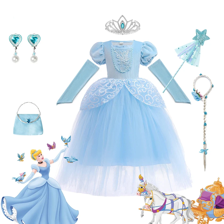 Disney Girls Princess Cinderella Dress Up Kids Fluffy Bead Birthday Party Halloween Christmas Costume Kids Butterflies Dress