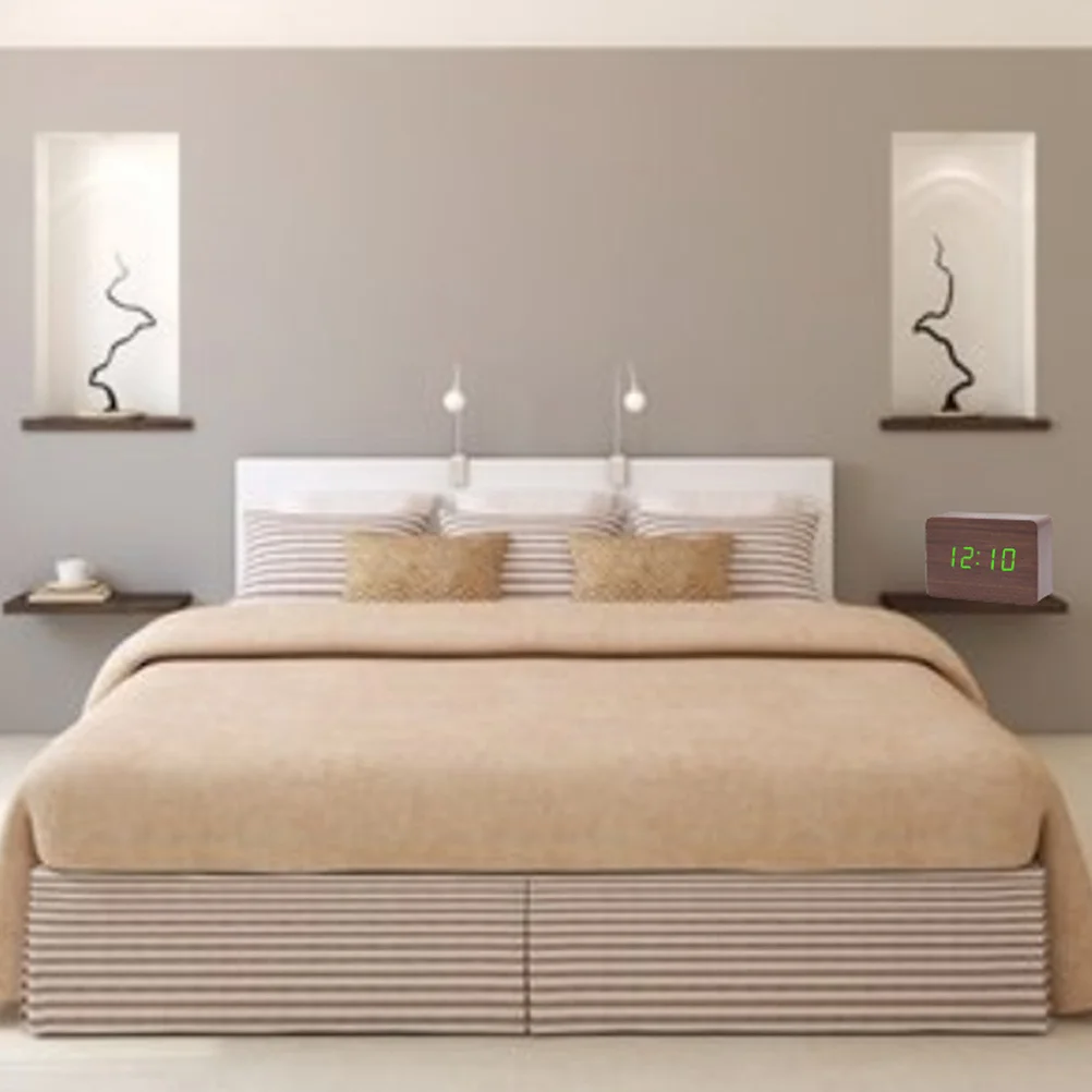 

LED Luminous Wooden Clock Voice Control Creative Desk Timepiece Brown Temperature Display Three Alarms Safe Energy Saving