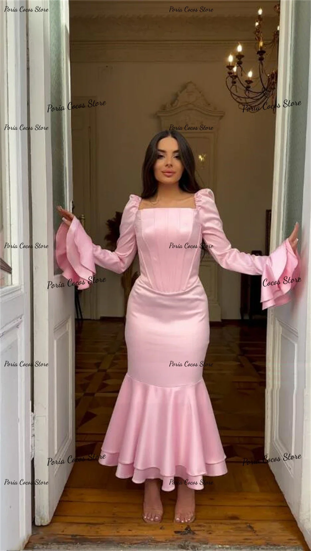 Vestidos de Noche personalizados, cuello cuadrado, manga larga acampanada, vestido de sirena hasta el tobillo, satén, alta calidad, ocasión, vestido de graduación para mujer