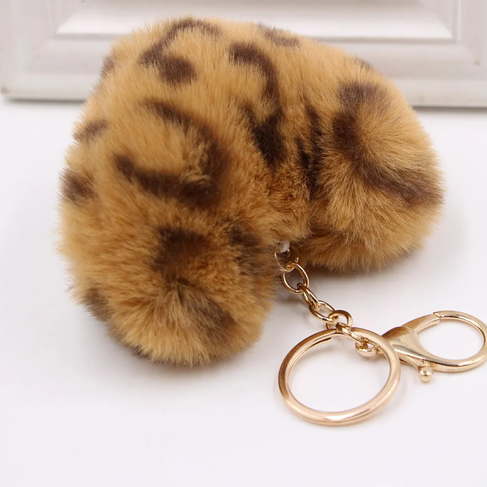 Fashion Leopard Fluffy Ball Key Chain Fur Plush Love Heart Keychain Car Key Ring Bag Pendant Jewelry Accessories Gift