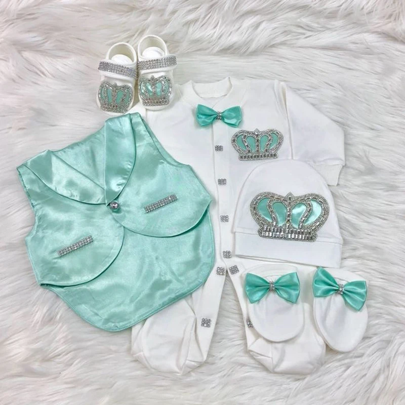 Dollbling Turkey Design 5 Pieces Crown Set Mint Wedding Outfit Baby Boy Onsie Tuxedo Set Little Gentleman Newborn Occasion Suit