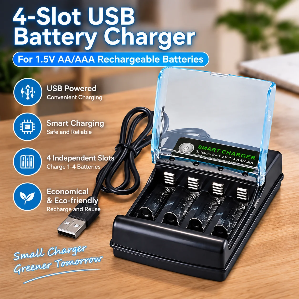 For Multiple Reusability Alkaline Battery Charger1.5V USB 4 slots Charger Independent Charging AA alkaline battery