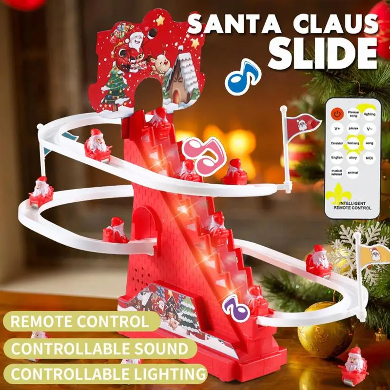 Baby Christmas Santa Claus Climbing Stairs Track Slide Toys Remote Control Electric Toys Fun Orbit Slide Toy For Kids Boys Girls