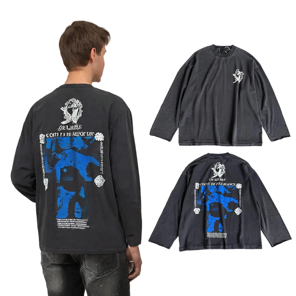 Y2k Streetwear Subculture Rock Graphic T Shirts Hip Hop Street Style Cotton Distressed Ripped Casual Long Sleeved Tees for Men's