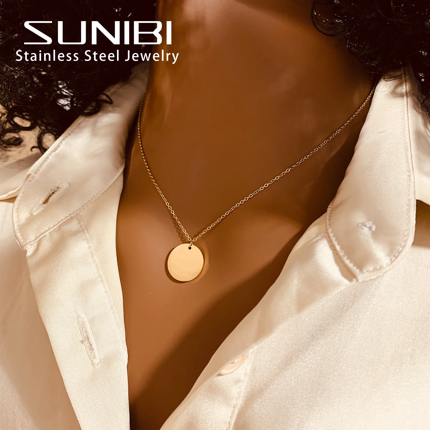 SUNIBI Minimalism Stainless Steel Pendant Necklace for Women Girls Round Sequins Gold Color Fashion Necklaces Jewelry Gifts