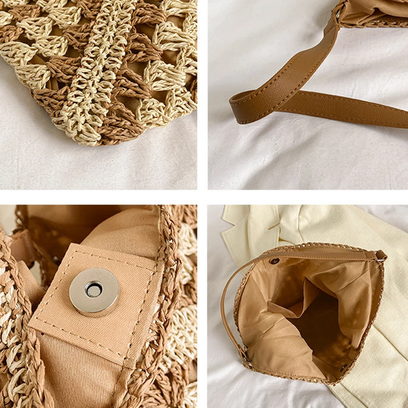 Popular Women's Woven Straw Shoulder Bag Medium Size Handbag With Handle For Beach Vacation