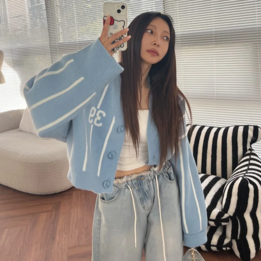 Retro American Vertical Stripes V-Neck Sweater Women Loose Lazy Knitted Open Cardigan Trendy Autumn Winter Casual Style