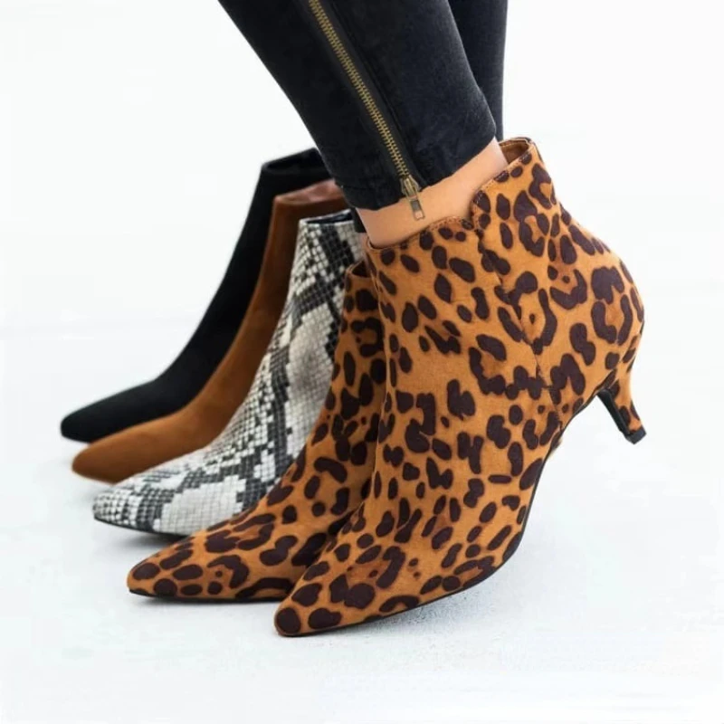 Luxury Women\'s Boots Spring Pointed Toe Stiletto Ankle Boots Fashion Leopard Print Women High heel suede Side Zipper Boots 35-43