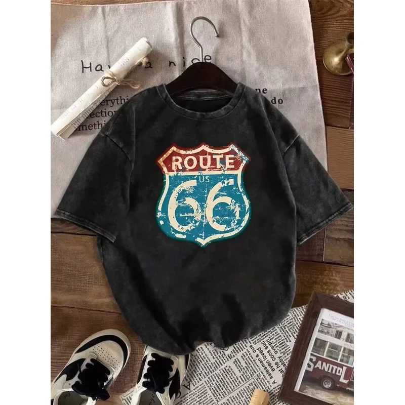 2026 Retro Route 66 Road Trip Graphic T-Shirt with Loose Fit for Summer Everyday Wear and Travel – Soft Washed Crewneck Top