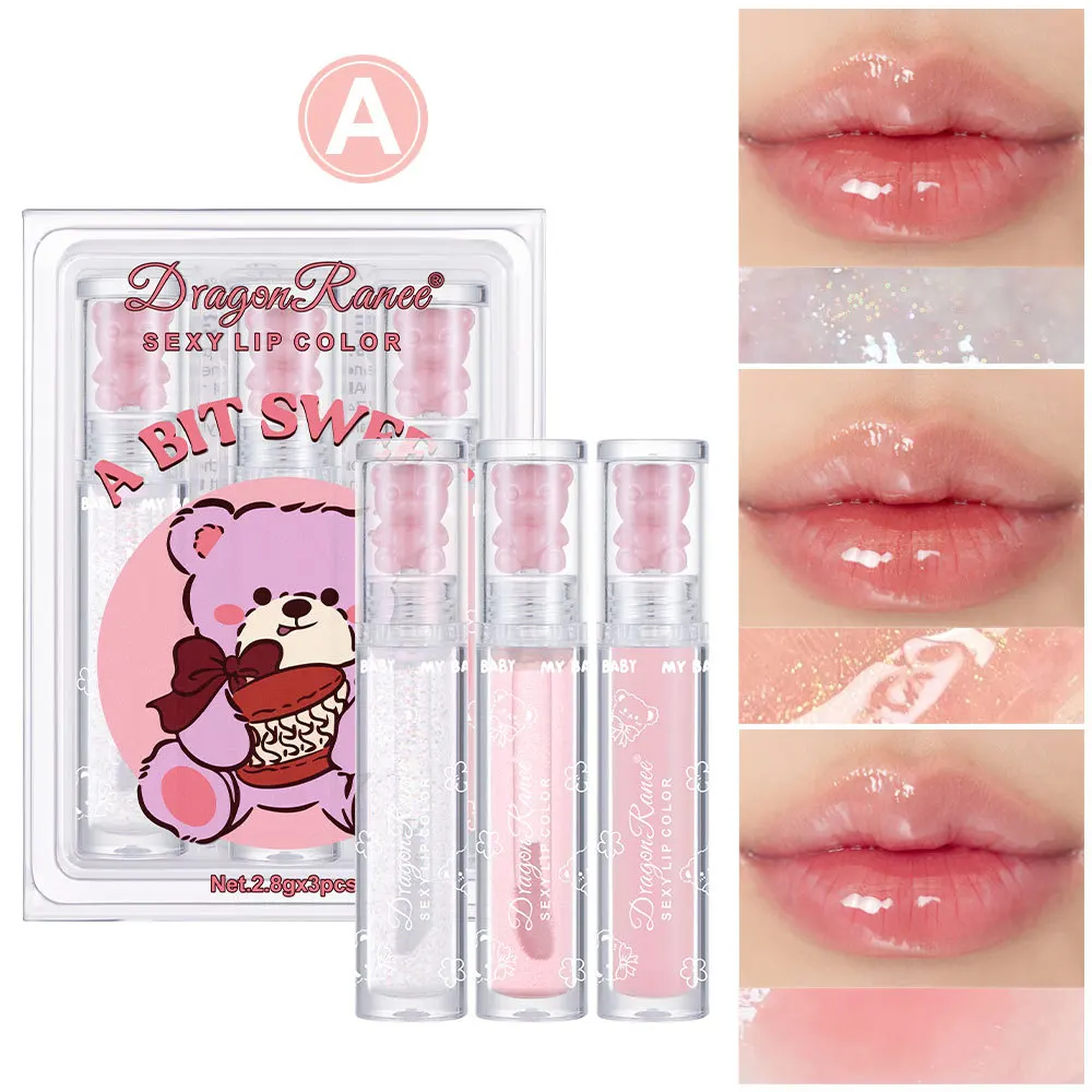 Dragon Rance Bear Lip Gloss 3 Set with a mirror Glossy matte Overlay Moisturizing not easy to fade sexy color Lip Glaze