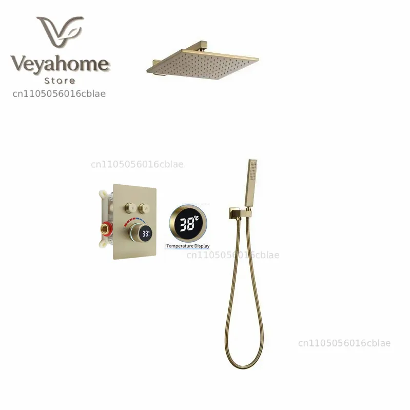 Button 3 or 2 way Digital brushed gold hot and cold  Rain Shower Head Bathroom Brass Bath  Wall Mounted faucet shower set