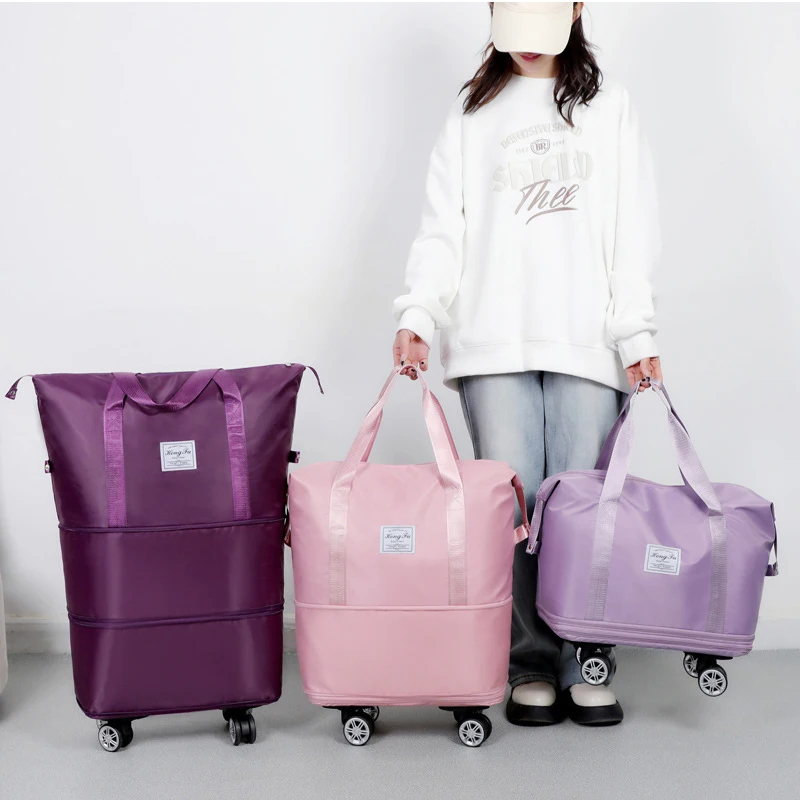 Expandable Luggage Bag with Wheels Large Capacity Dry and Wet Separation Waterproof Wearable Travel Trolley Luggage Storage Bag