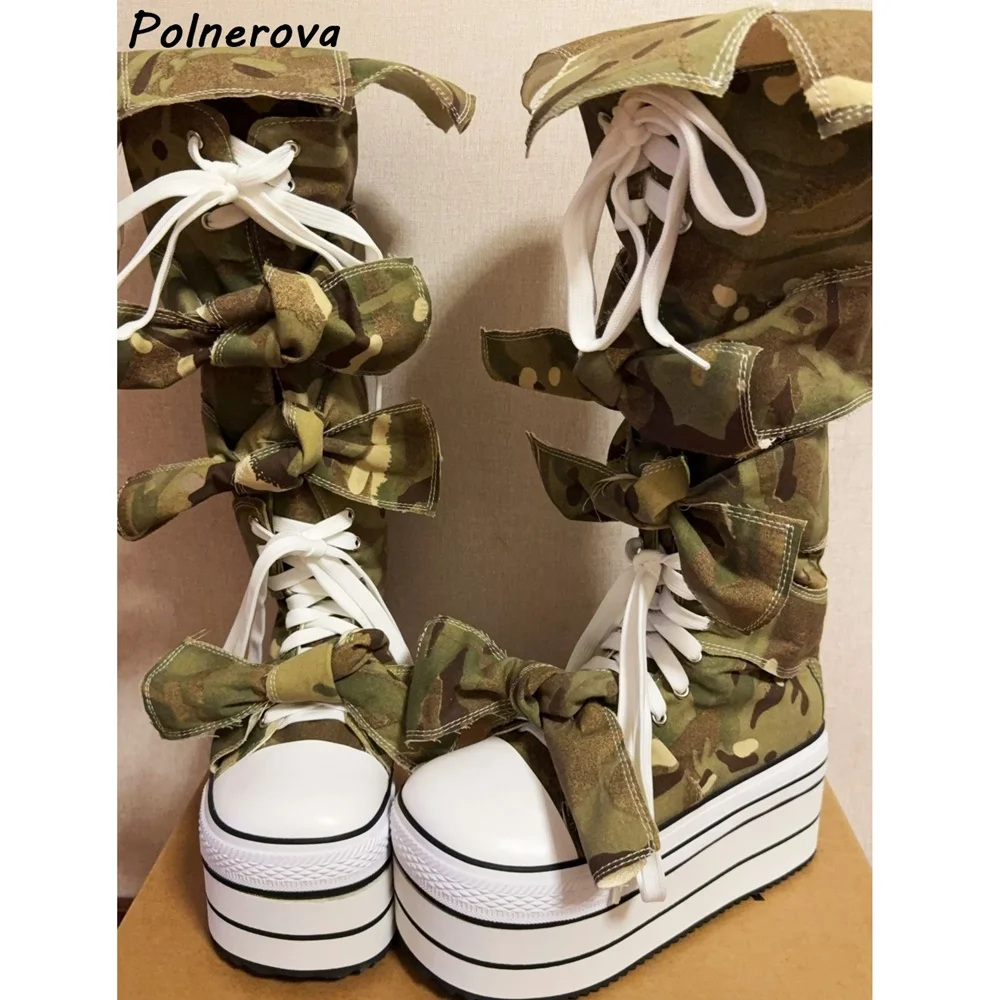 

Camouflage Butterfly Knot Boots Round Toe Thick Soled Canvas Cross Tied Lace Up Shoes Women Patchwork Fashion Pleated Bows Shoes
