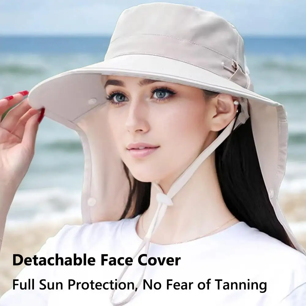 Neck & Face Cover Summer Bucket Hat Neck Protection Face-Shielding Foldable Wide-Brim Hat with Shawl Women's Sun Hat for Women
