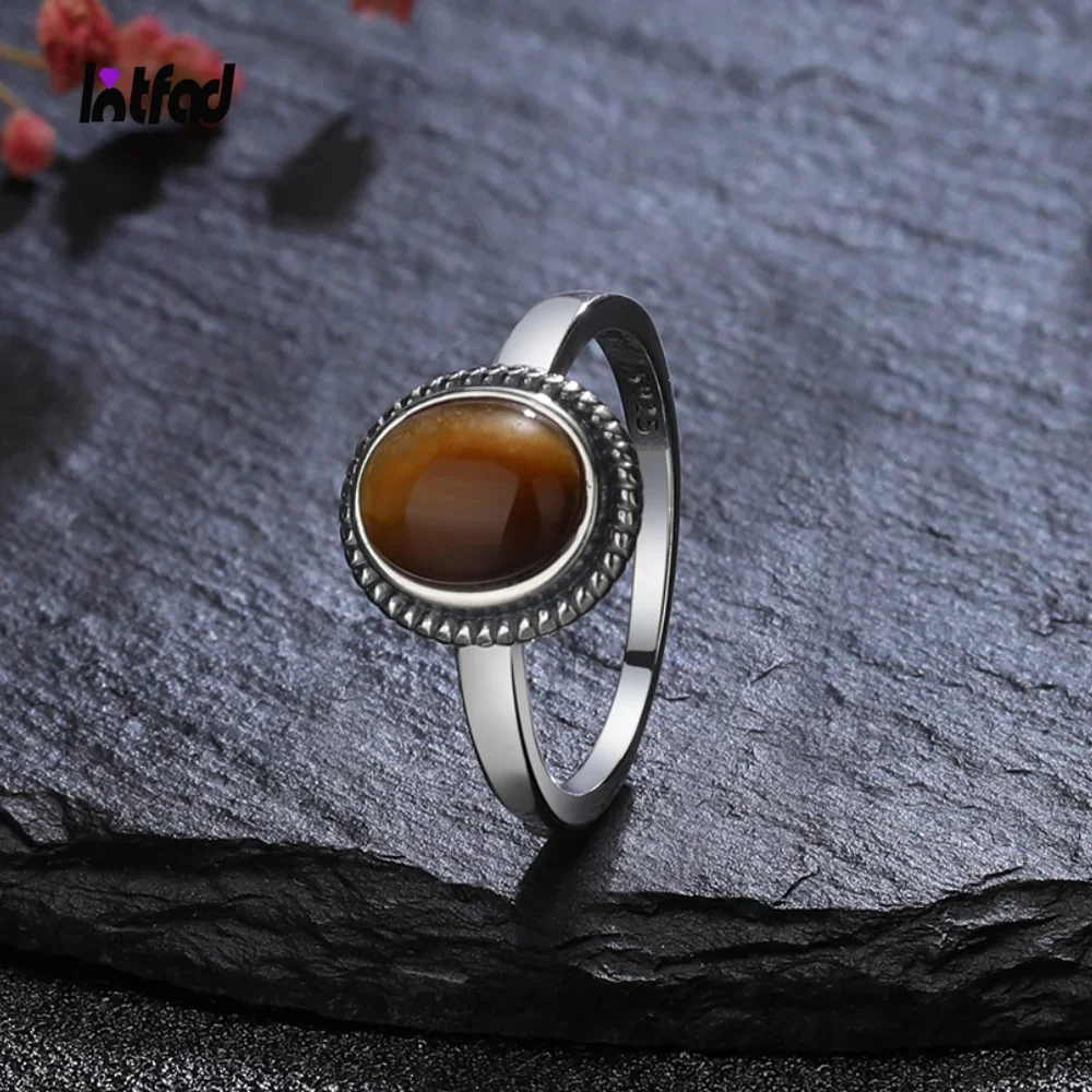 

925 Sterling Silver Jewelry Simple 8x10MM Oval Tiger's Eye Stone Vintage Rhodochrosite Rings Gifts Jewelry Ring Wholesale