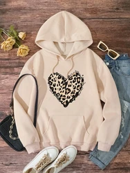 Classic Leopard Print Heart Pattern Print Woman Sweatshirt Autumn S-XXL Hooded Simple Oversized Hoodies Fashion Casual Clothes