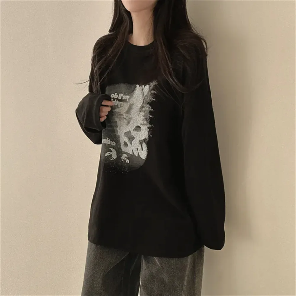 Gothic T Shirt Women Long Sleeve loose Y2k autumn Vintage cotton T Shirt  printed Tops Streetwear Korean Style Funny Tshirts