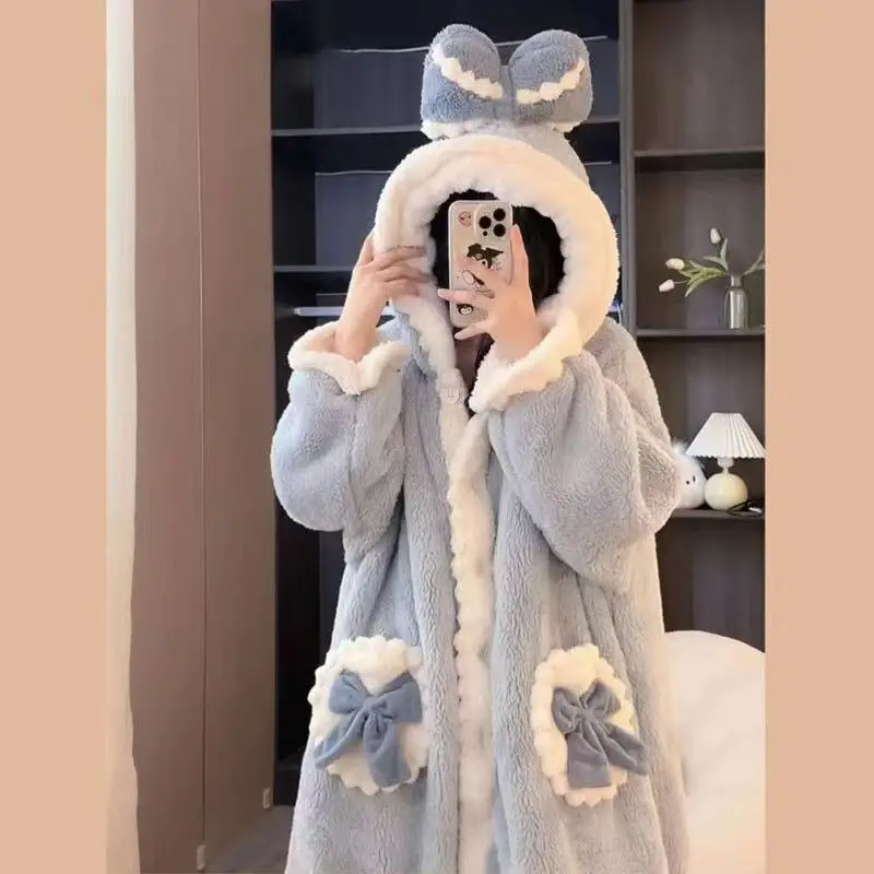 Disney Pooh Bear Pajamas Women Winter Nightgown Long Cute Lots Daisy Duck Thickened Warm Gown Set Hooded Sleepwear Suit Gift