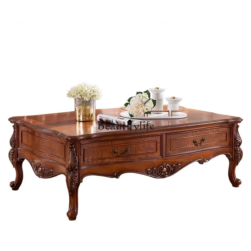 

American solid wood living room home tea table European rectangular retro large apartment carved coffee table