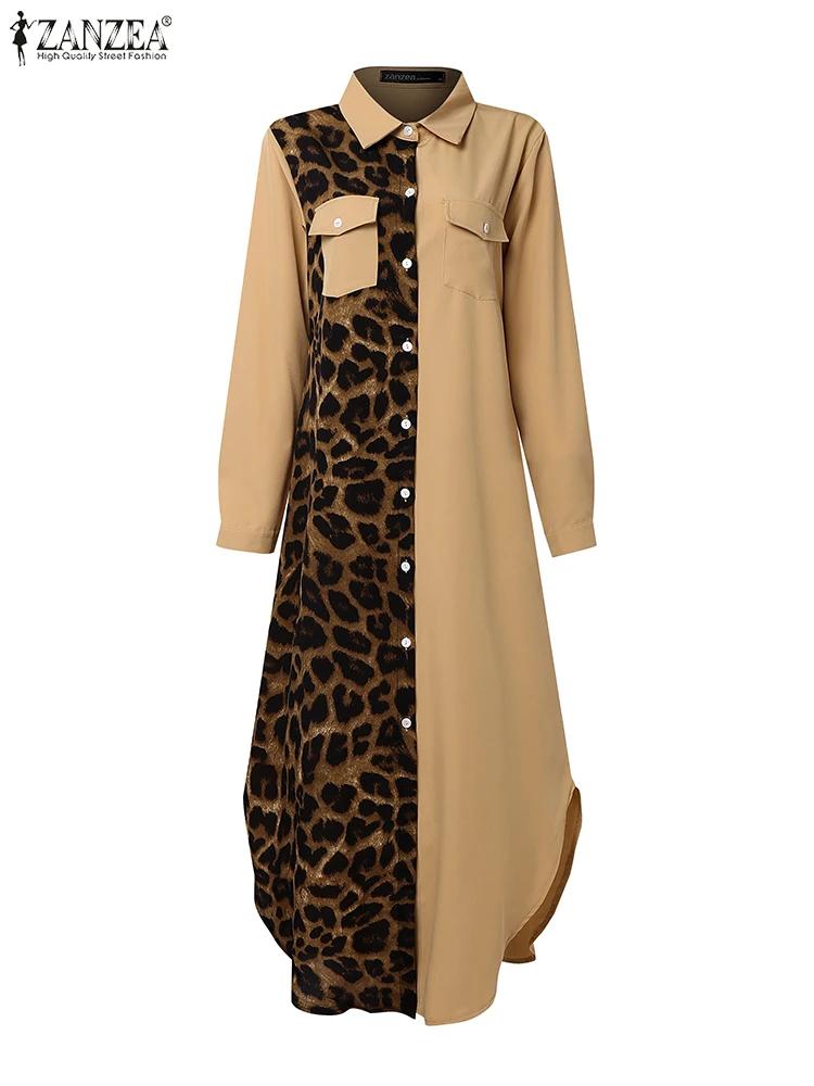 Mode Herbst Hemd Kleid ZANZEA Frauen 2025, Stilvolle Langarm Leopard Kleider Casual Patchwork Robe Femme Maxi Lange Vestidos