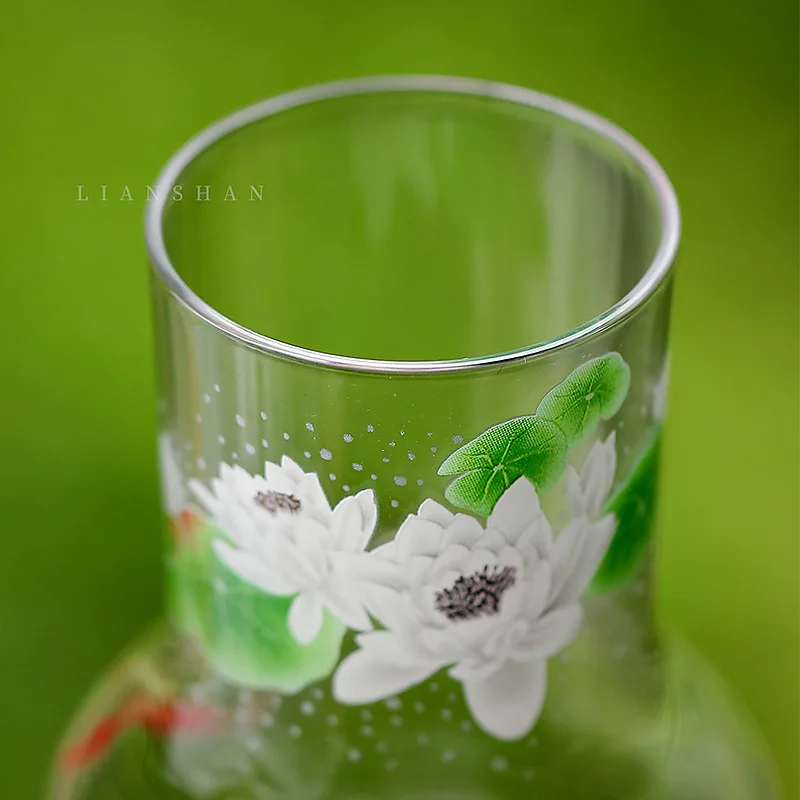 Fish Playing Lotus Green Teacup Glass Water Cup Personal Tall Teacup Flower Tea Wine Cup