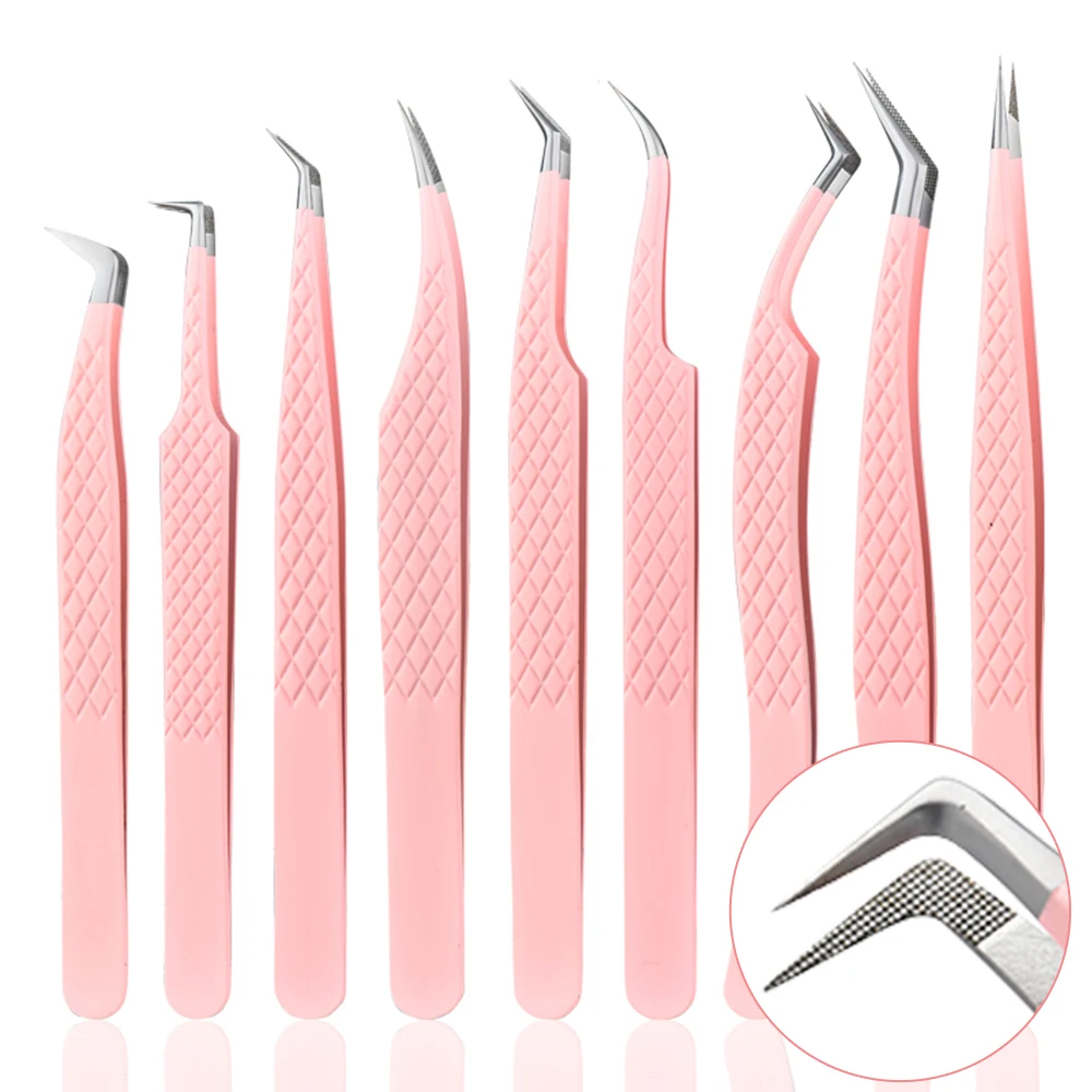 Fiber Tip Eyelash Extensions Tweezers Clip Makeup Pink Stainless Steel Technological Fibers Eyelashes Extensions Lash Tweezers