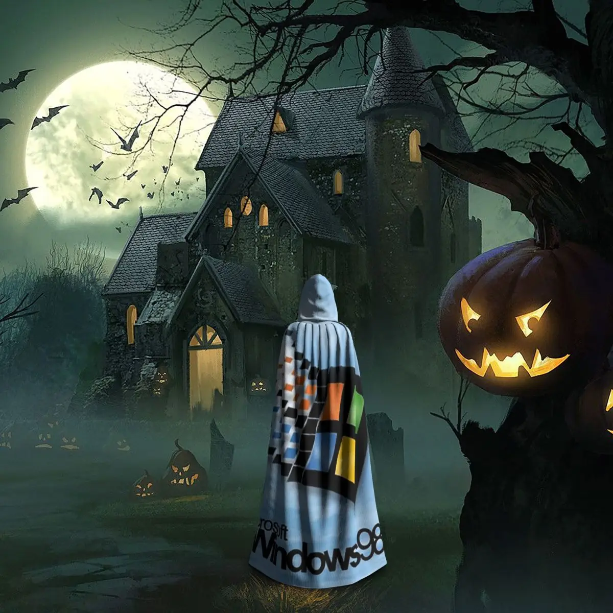 Windows 98 شاشة البداية عباءة طويلة مقنعين الساحرة القرون الوسطى زي تأثيري كيب هالوين معطف الكبار للجنسين