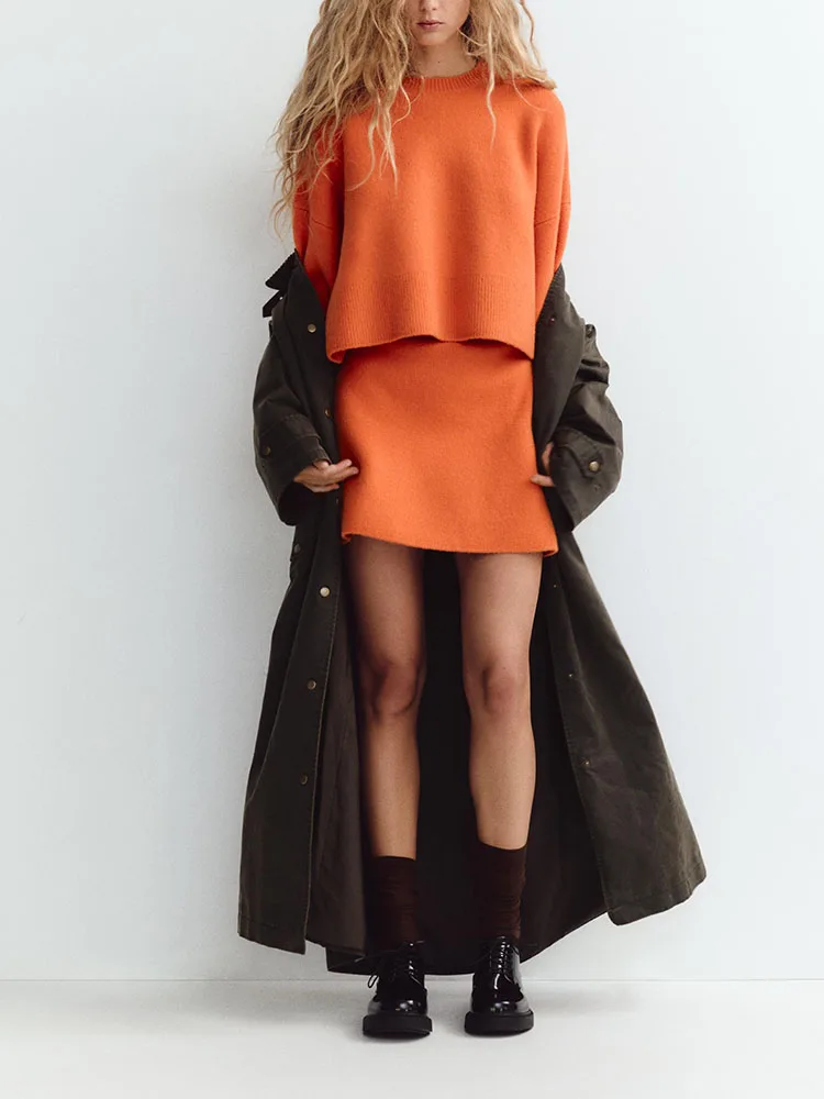 

Spring New Arrival Women's Long Sve round Ne Knitted Sweater Skirt Flat Needle Knitting Faion Set 2025