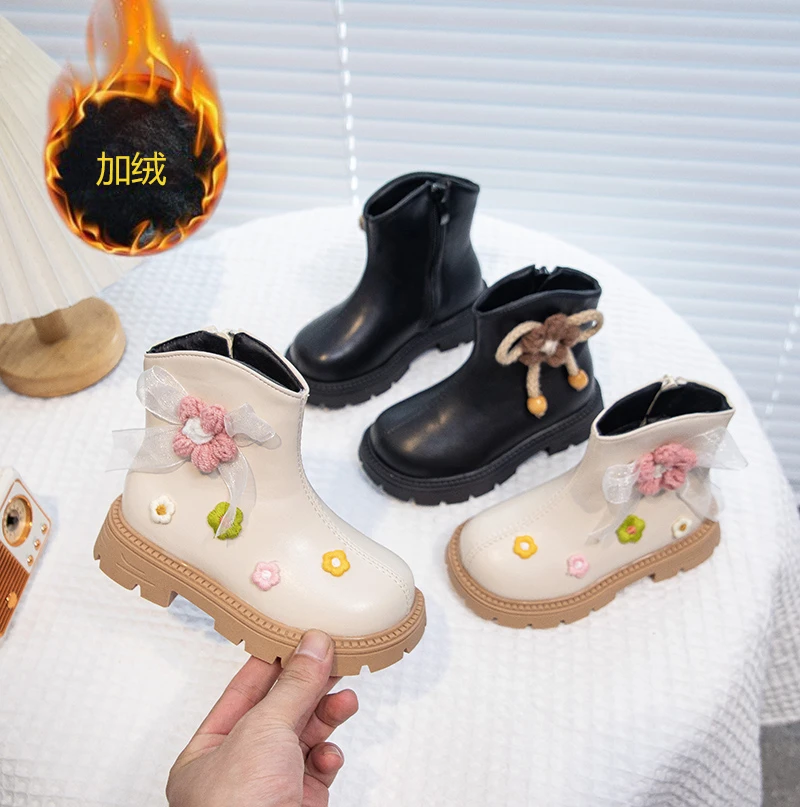 

Girls Ankle Boots 2025 Winter Kids Soft PU Leather Boots for Girl Cute Embroider Motorcycle Warm Fleece Lined Mid-calf Boots