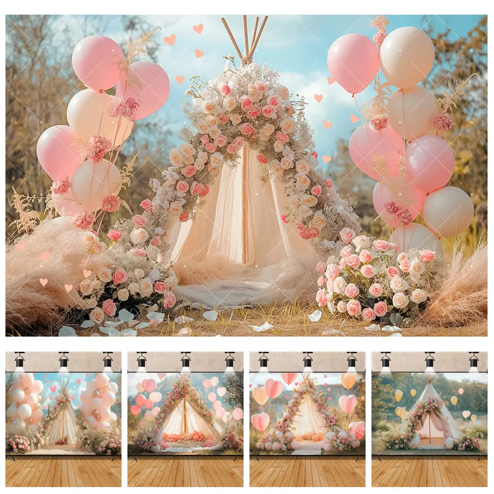 

Romantic Pink Rose Flowers Balloon Tent Outdoor Grass Kids Birthday Party Backdrop Custom Kids Room Decor Photography Background