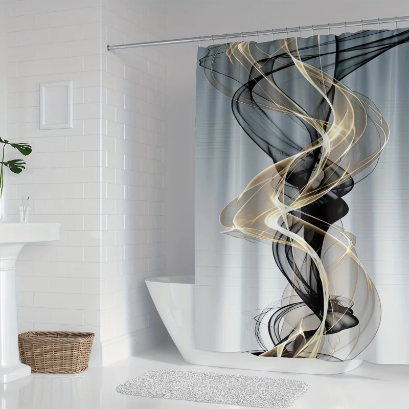 Modern Luxury Abstract Art Shower Curtain - Yellow, Black & Gray Lines with Light Design, Includes Hooks, Machine Washable Polye