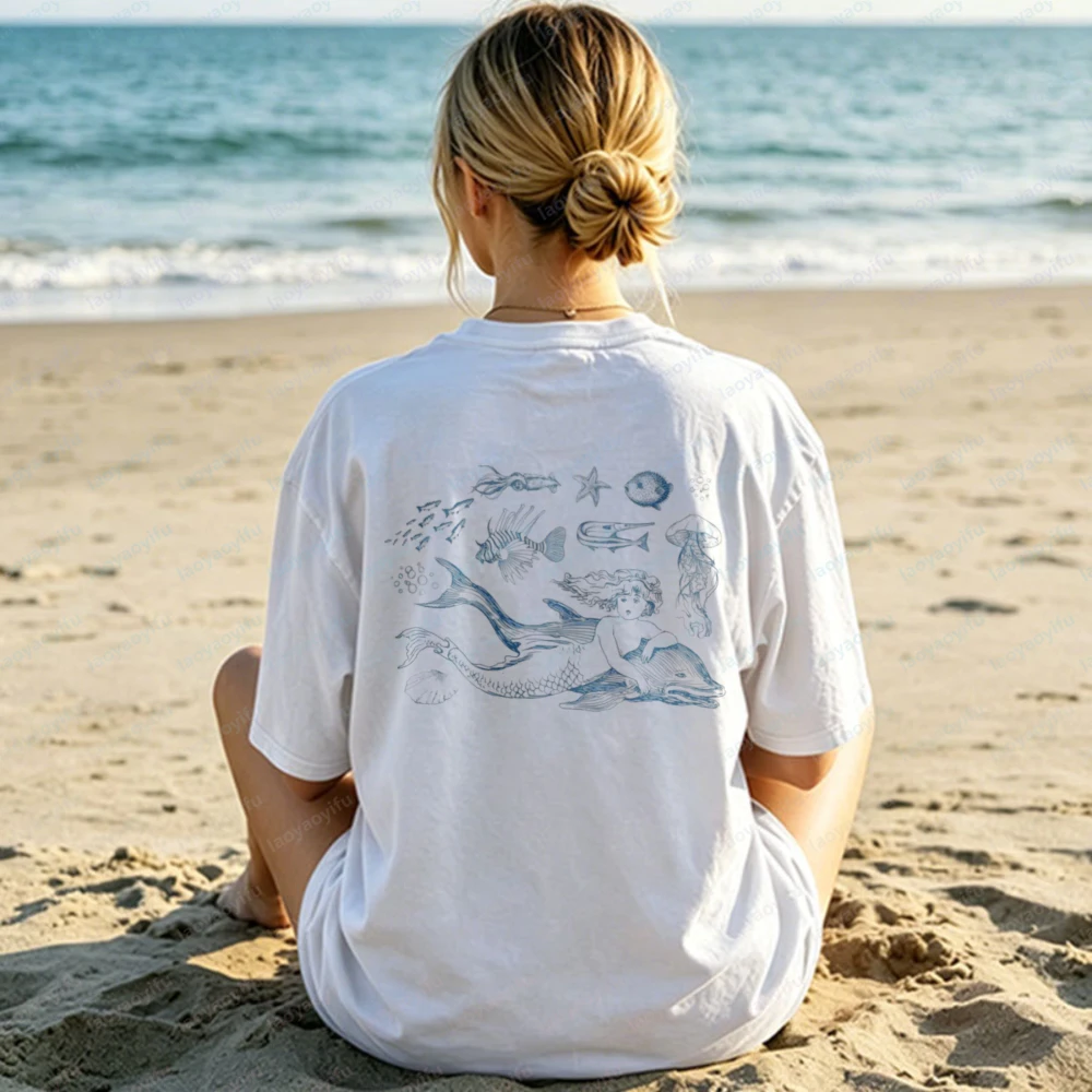 Camiseta Unisex de Algodón con Diseño de Sardina y Sirena, Estilo Pescador, Gráfico de Criaturas Oceánicas, Ropa Náutica Urbana para Hombre y Mujer