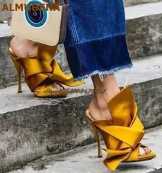 ALMUDENA Girl's Sweet Big Bowtie Sandals Silk Satin Fabric Butterfly-Knot Dress High Heel Modern Slippers Slip-on Dress Shoes