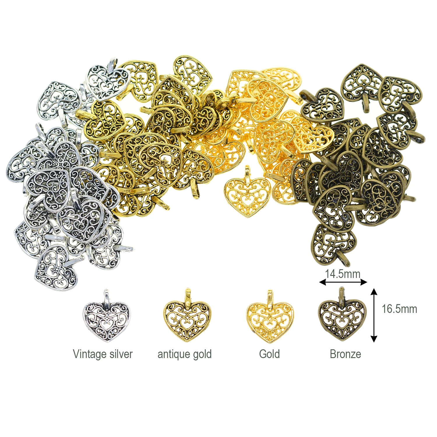 50 Pcs Tibetan Silver gold bronze 4 colors classic Filigree Heart Charms dangle Jewelry DIY Making image 2