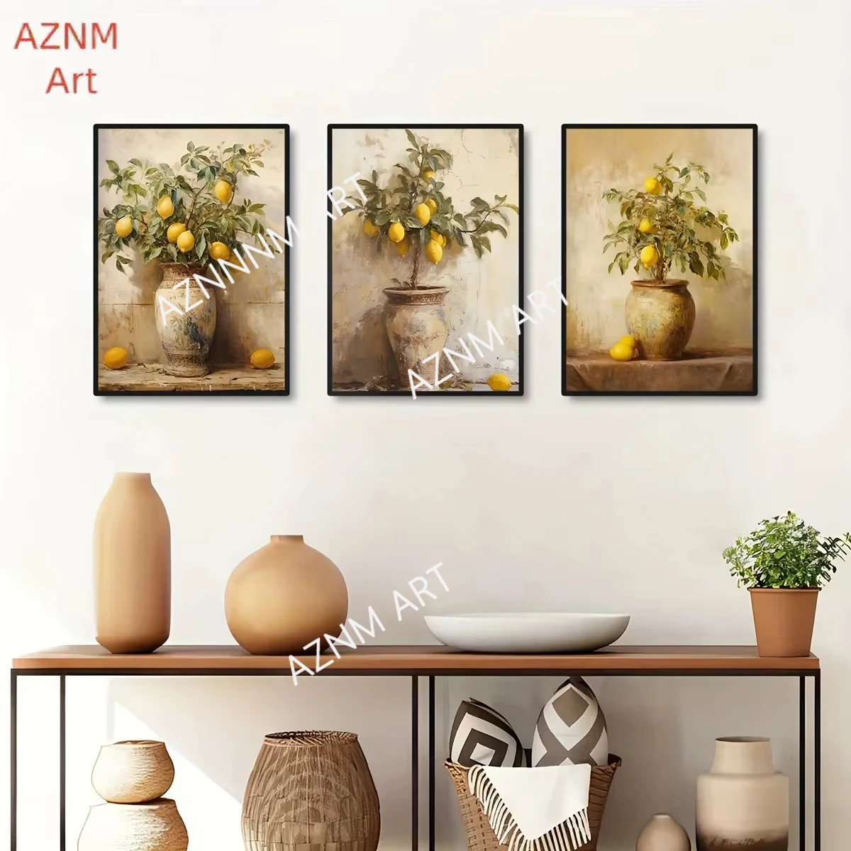 Retro Lemon Garden Canvas Art Poster-Fresh Lemon and Olive Tree Wall Prints for Modern Living Room,Office,and Home Decor Gifts