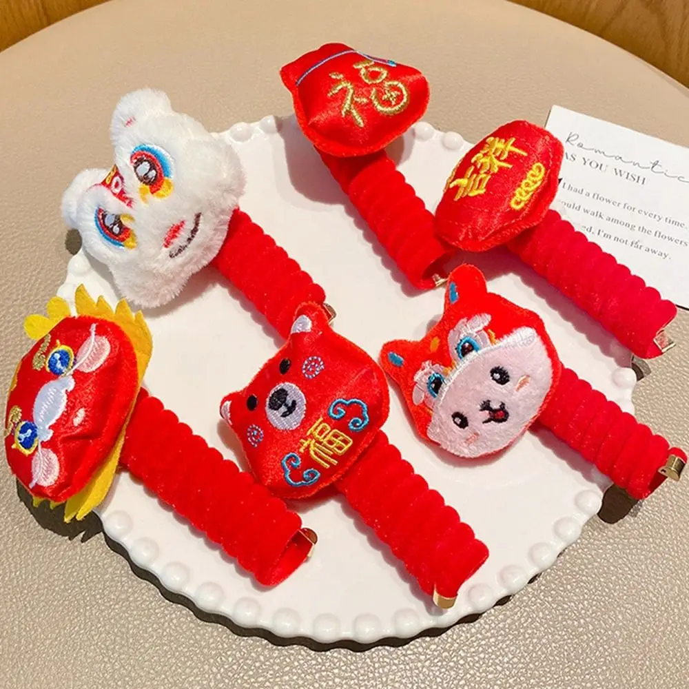 Plush Telephone Line Hair Rope Plastic Dragon Red Lion Dance Hair Ring Rubber Band Korean Style New Year Ponytail Holder